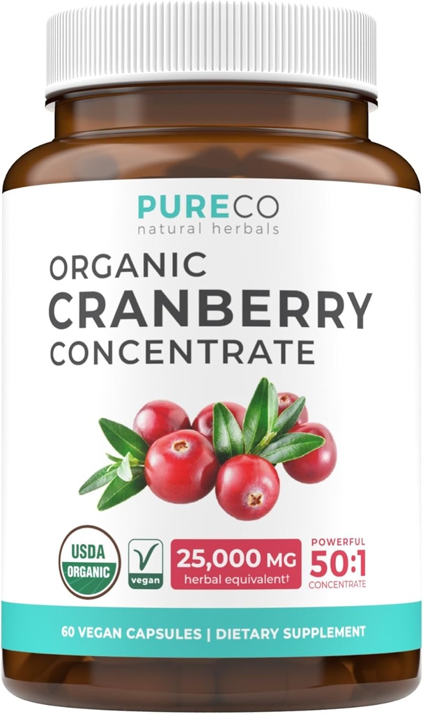 Pilules de canneberge biologique - 50:1 Concentrate équivaut à 25 000mg de canneberges fraîches (Vegan) pour la santé urinaire et le nettoyage du rein - Pilules de canneberge pour les femmes - Supplément de soutien UTI - 60 capsules
