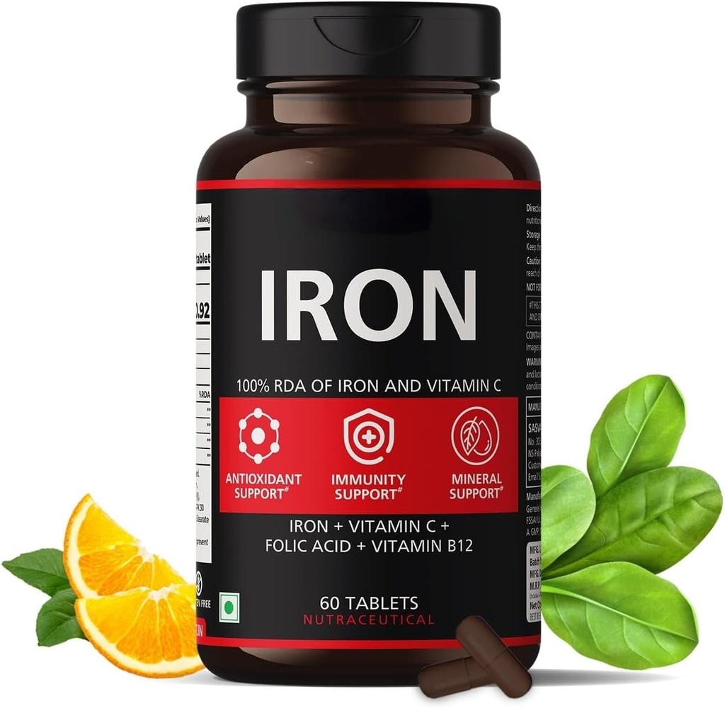Supplément en fer pour les femmes et les hommes avec vitamine C, acide folique et vitamine B12 - Tablettes en fer Aide à soutenir l'énergie - 60 comprimés de vég