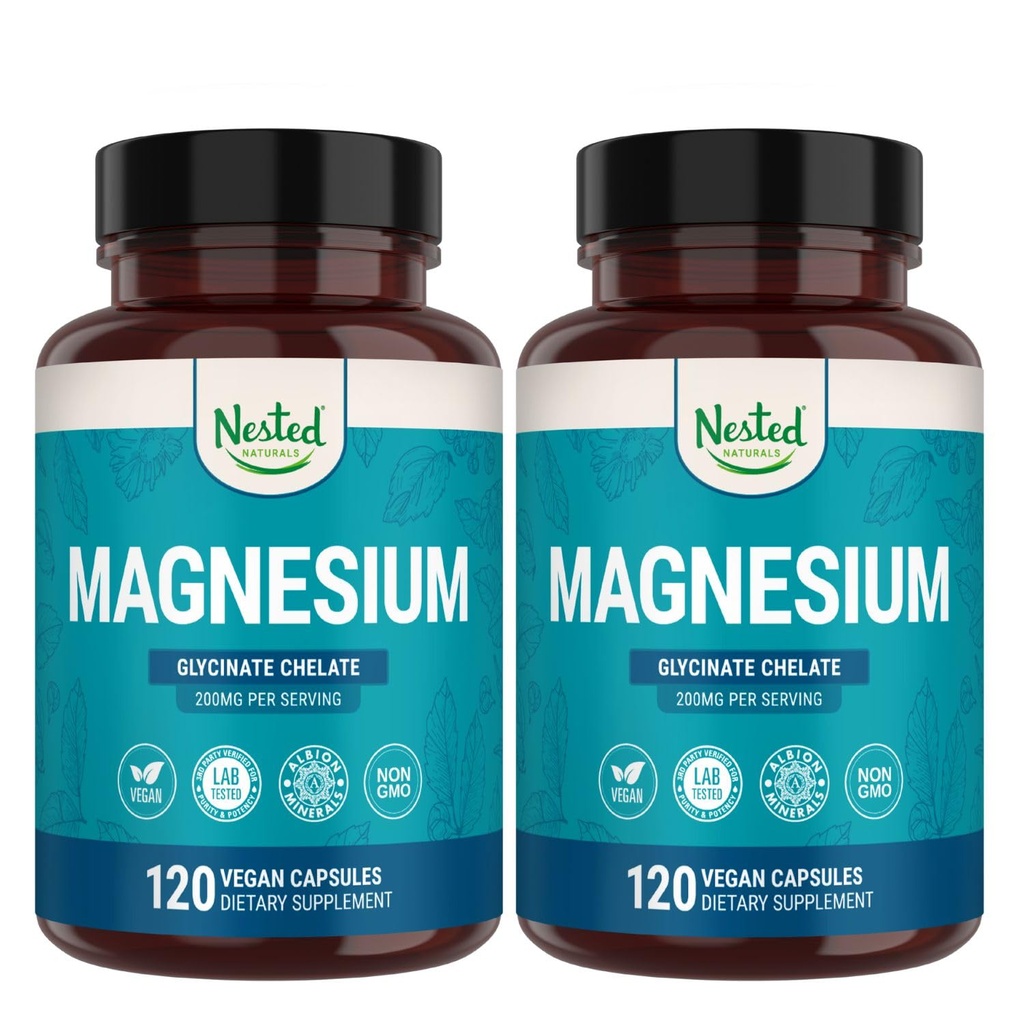 Nested Naturals Magnésium Glycinat Chélalate - 200 mg Supplément de magnésium chélaté pour les crampes musculaires, la relaxation et le soutien du sommeil - 100% Albion TRACCS Glycinat de magnésium tamponné - 240 Capsules Vegan