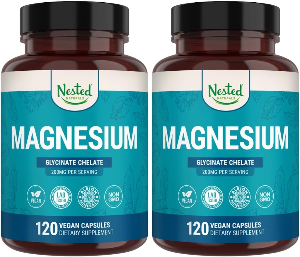 Nested Naturals Magnésium Glycinat Chélalate - 200 mg Supplément de magnésium chélaté pour les crampes musculaires, la relaxation et le soutien du sommeil - 100% Albion TRACCS Glycinat de magnésium tamponné - 240 Capsules Vegan