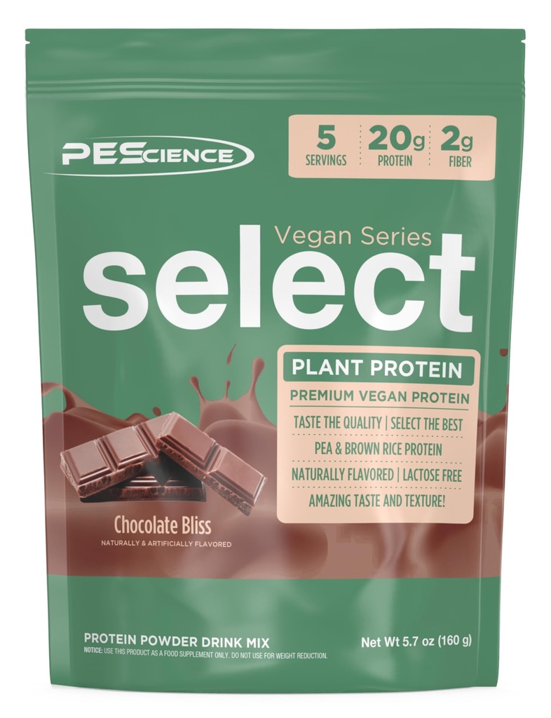 PEScience Sélectionner Poudre de protéines végétaliennes, Poudre de protéines végétales, Goût incroyable, Texture lisse, Mélange de riz aux pois et bruns, Sans lait, Sans lactose, Sans gluten - Baise de chocolat, 5 portions