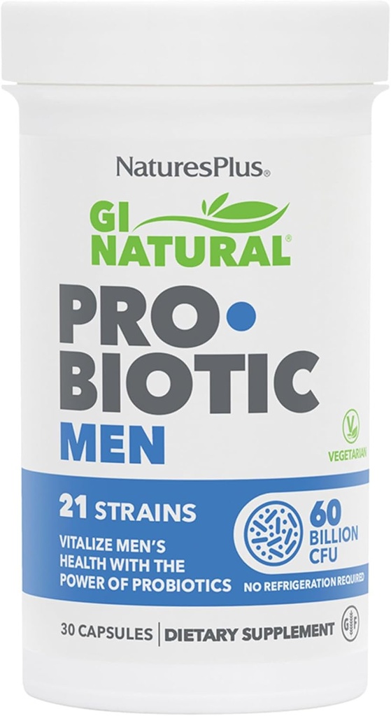 Natures Plus GI Probiotiques naturels hommes - 30 capsules - Santé digestive et de la prostate, Immune Force - Comprend Saw Palmetto - Sans gluten - 30 portions