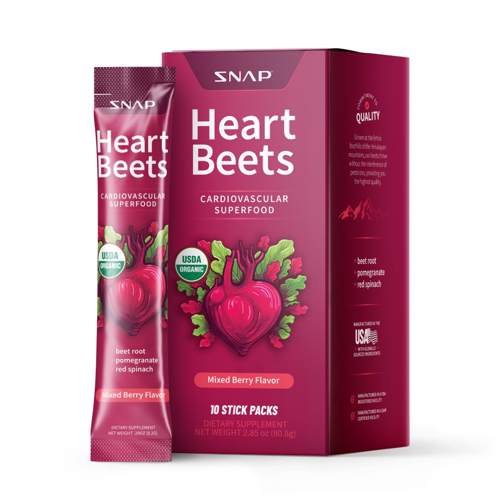 Suppléments Snap Heart Beets Stick Packs, Mélange de poudre de betterave biologique, Soutien cardiovasculaire pour les hommes et les femmes, betteraves, grenade et épinards rouges, booster à oxyde nitrique, Berry mixte, 10 portions