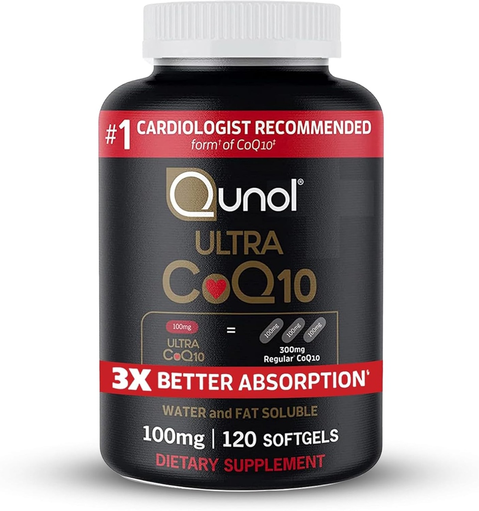 Qunol CoQ10 100mg Softgels, Ultra CoQ10 100mg, 3x Meilleure absorption, Antioxydant pour la santé cardiaque et la production d'énergie, Coenzyme Q10 Vitamines et suppléments, 4 mois d'approvisionnement, 120 Compte
