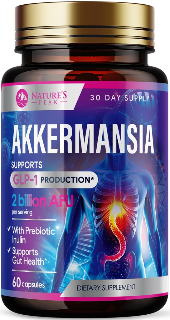 Supplément probiotique d'Akkermansia - Supplément GLP-1 de 2 milliards d'AFU avec fibre prébiotique - Akkermansia Muciniphila GLP-1 Probiotiques pour les femmes et les hommes - Soutien digestif, Gut et immunitaire - 60 capsules
