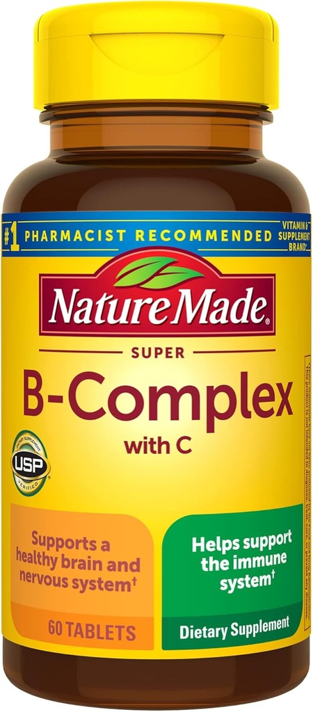 Complexe naturel Super B avec vitamine C et acide folique, supplément alimentaire pour l'énergie cellulaire, 60 comprimés, 60 jours d'approvisionnement