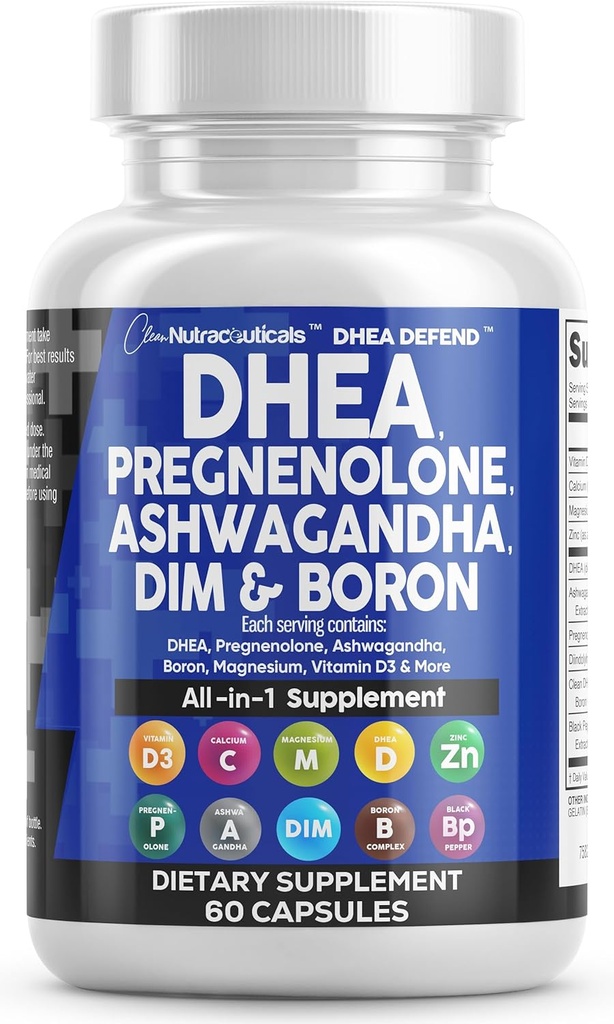 DHEA 200mg Supplément Pregnénolone 100mg pour les hommes et les femmes avec DIM Ashwagandha Boron 6mg complexe Calcium Magnésium Zinc 50mg Vitamine D3 5000 iu Hormone Capsules de soutien Pills - Fabriqué aux États-Unis 60 Ct