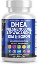DHEA 200mg Supplément Pregnénolone 100mg pour les hommes et les femmes avec DIM Ashwagandha Boron 6mg Complexe Calcium Magnésium Zinc 50mg Vitamine D3 5000 UI Hormone Support Capsules Pills Fabriqué aux États-Unis 60 Compte