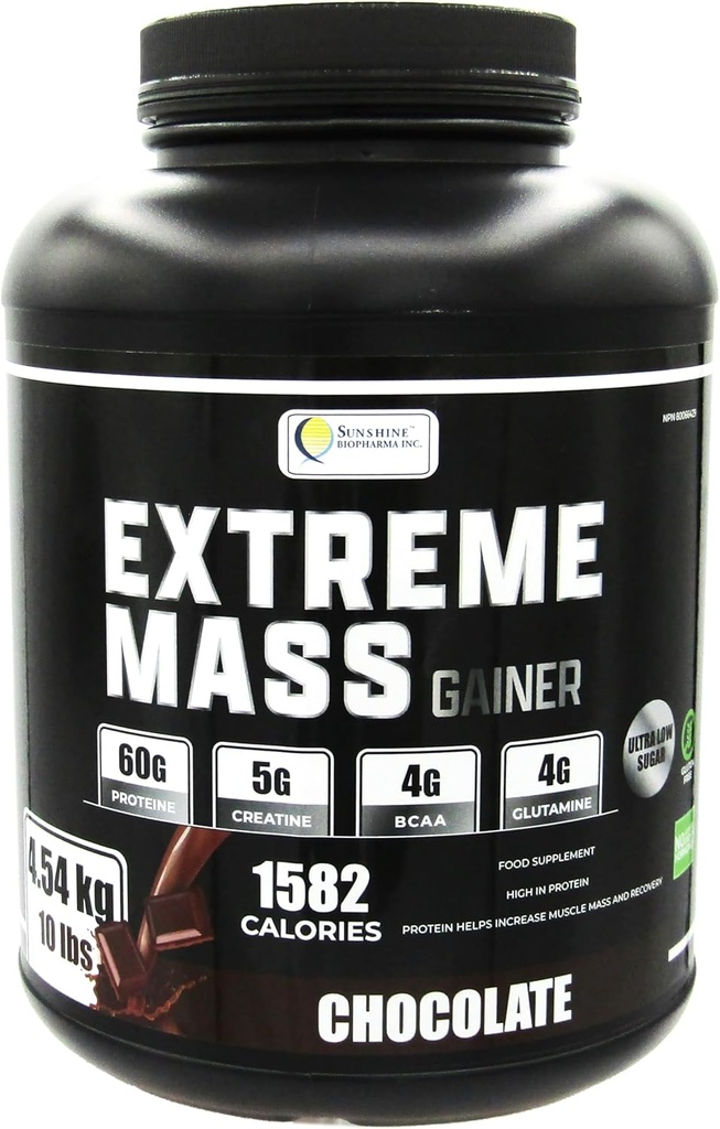 Extrême Mass Gainer Muscle Builder, 10 lb (4,54 kg) avec moins de sucre pour une formation intense d'entraînement Fait de haute teneur en calories Fortified whey Protein (Chocolate)