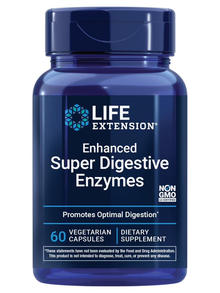 Extension de vie Super enzymes digestives améliorées, soutient la digestion, le confort, la digestion des aliments à base végétale, non OGM, végétarien, 60 capsules