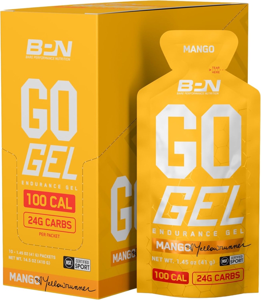 BARE PERFORMANCE NUTRITION, BPN Go Gel Endurance, 24g de glucides et 100 calories par emballage, Vegan + Gel sans gluten, 10 packs à usage unique, Mangue