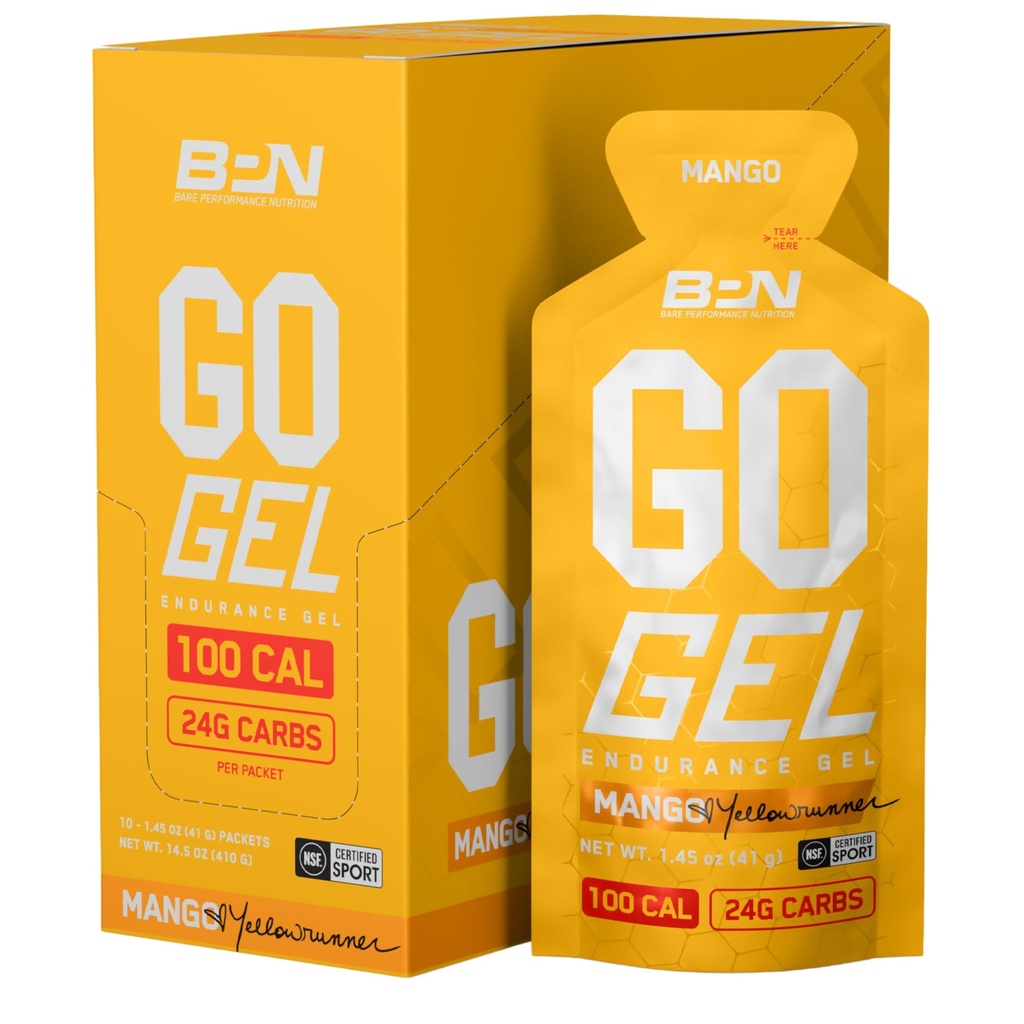 BARE PERFORMANCE NUTRITION, BPN Go Gel Endurance, 24g de glucides et 100 calories par emballage, Vegan + Gel sans gluten, 10 packs à usage unique, Mangue