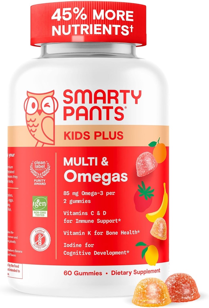 SmartyPants Gummies multivitamine pour enfants - Formule améliorée : Oméga 3 (DHA/EPA), Vitamines D3, C, B12, B6, Vitamine A, K et zinc, sans gluten, trois arômes de fruits, 60 comtes (30 jours)