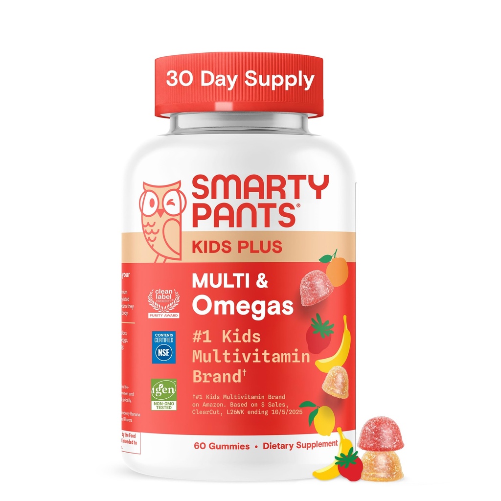 SmartyPants Gummies multivitamine pour enfants avec Omega 3 DHA/EPA, vitamines D3, C, B12, B6, A, K, et zinc, sans gluten, étiquette propre, trois arômes de fruits, 60 Gummies (30 jours d'approvisionnement)