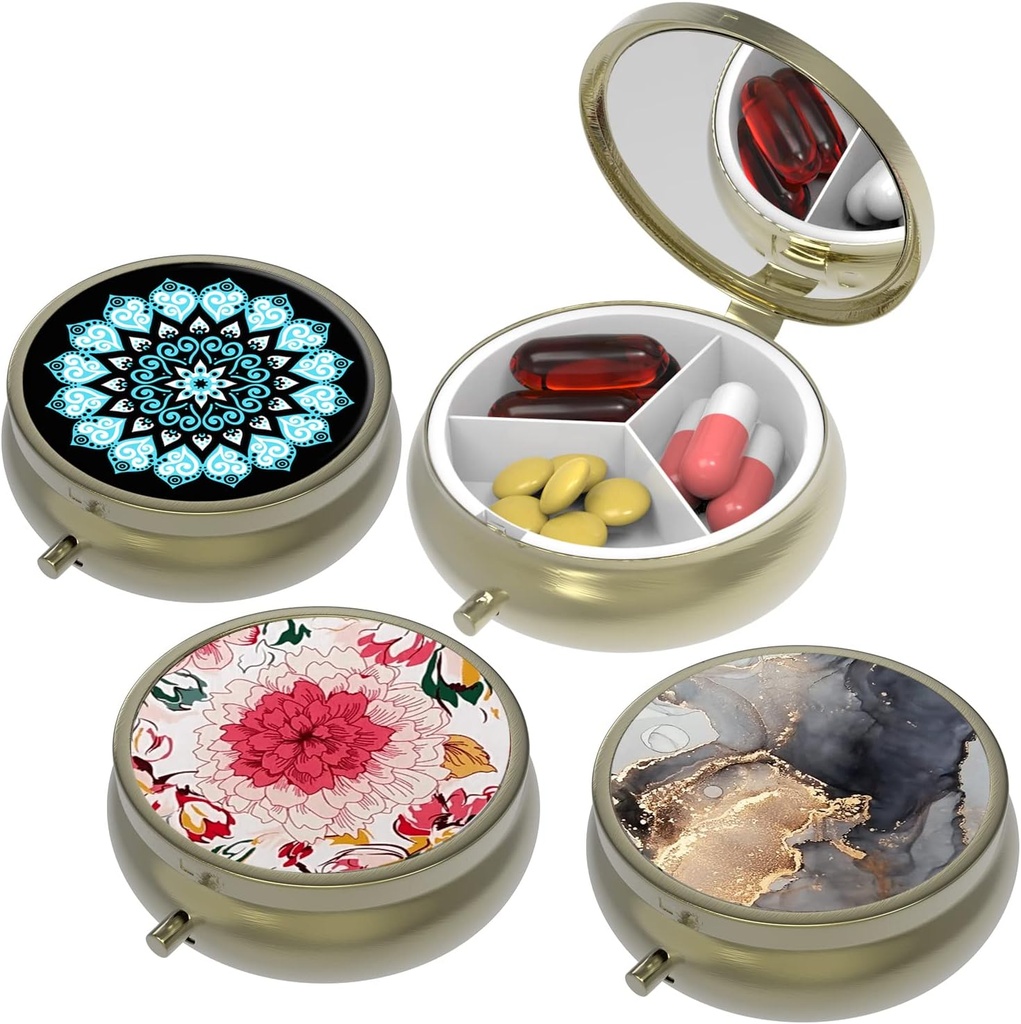 Petite boîte à pilules, étui pour la purse et la poche, 3 compartiments Cas de pilules de voyage Organisateur de médicaments Entreposage pour les vitamines, les pilules, l'huile de poisson et les boucles d'oreilles, Studs,Bronze-3Round