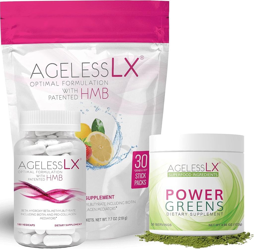 Sans âgeLX Biotin Supplément Capsules, Lémonade aux fraises et Powder Bundle Power Greens - Suppléments anti-vieillissement