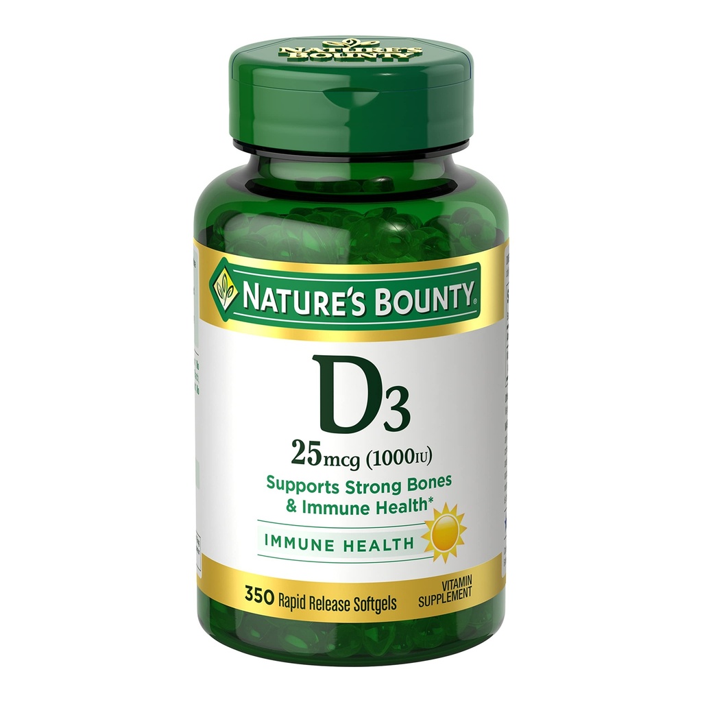 Nature's Bounty Vitamine D3 1000 UI Softgels, Immune Support, favorise des os sains, 1 Softgel par jour, sans gluten, 350 Compte