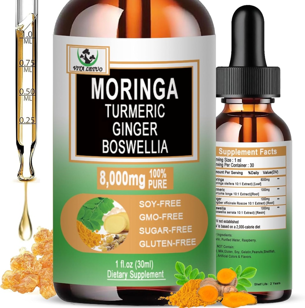 Moringa gouttes - Moringa bio extrait de feuille liquide avec gingembre curcuma Boswellia pour l'énergie, la santé de la peau, la santé Gut - Superfood vert haute absorption avec/Vitamines essentielles et acides aminés