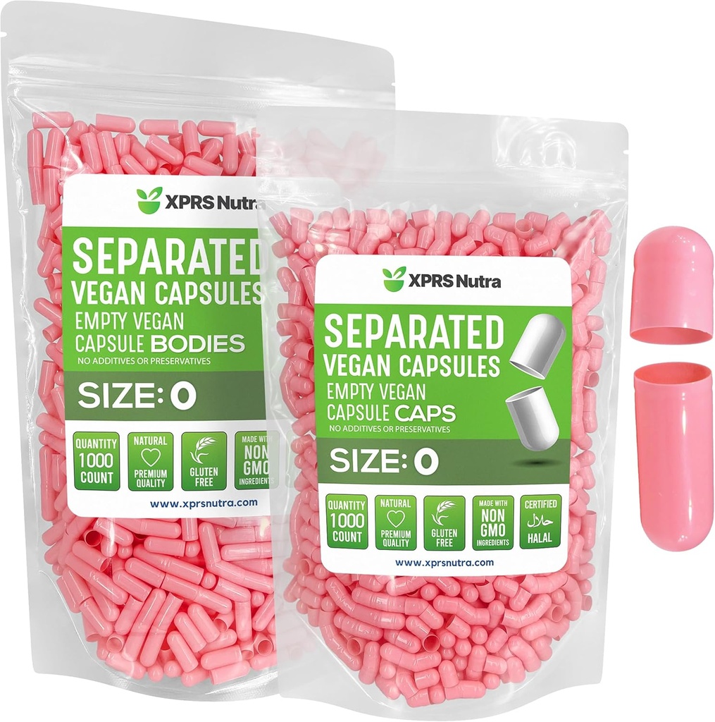 XPRS Nutra Vegan Size 0 Separated Capsules - 1000 Count Premium Empty Capsules Separated in Bags - 0 Pills for DIY Supplement Filling (Pink)