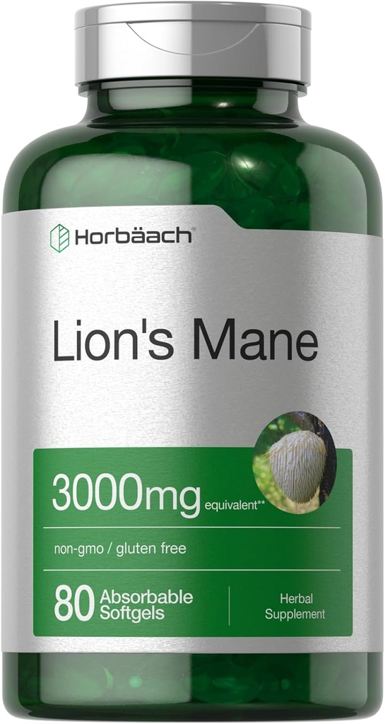 Horbäach Lions Mane Supplément $ 3000mg $ 80 Softgels absorbants $ Extrait sans OGM et sans gluten