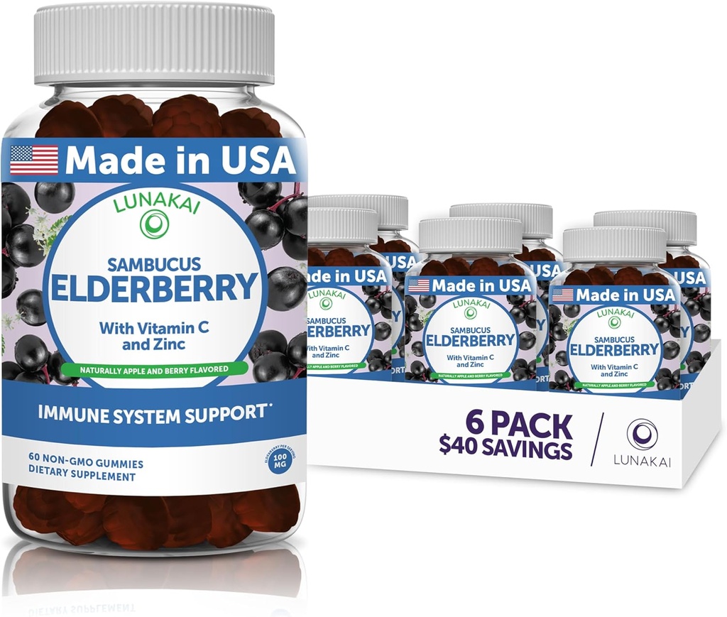 Lunakai Sambucus Gommies de baies aînées avec zinc et vitamine C pour les adultes et les enfants - 100mg Vitamines de baies aînées noires Supplément de soutien immunitaire - végétalien, non-OGM, sans sirop de maïs - 6 pack