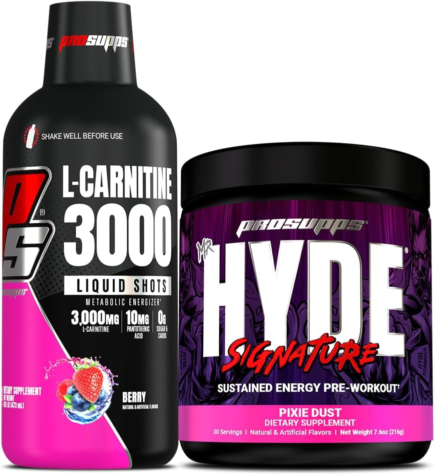 PROSUPPS L-Carnitine 3000 Stimulant Liquid Shots (31 Servants, Berry) et M. Hyde Signature Série Pré-Travail Boisson en poudre d'énergie (30 Servants, Poussière Pixie)