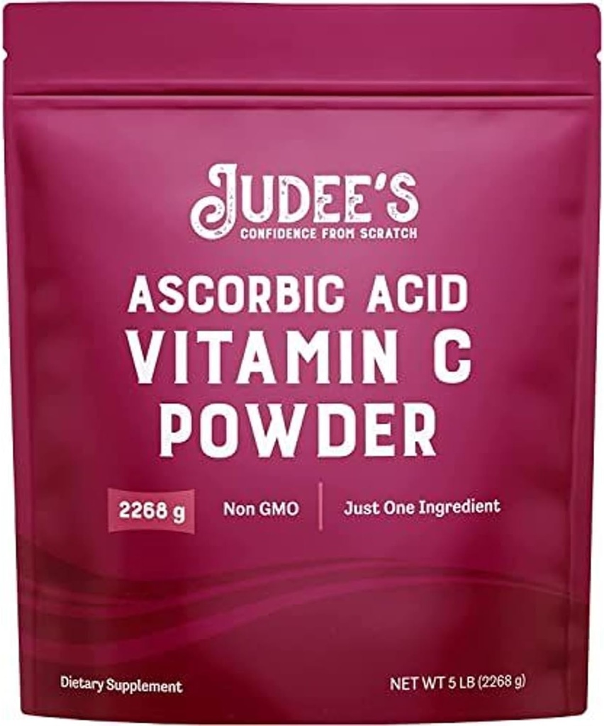 Judee’s Pure Vitamin C Powder 5 lb - 100% Non-GMO, Gluten-Free and Nut-Free - (L - Ascorbic Acid) - Immune Support & Antioxidant Supplement - No Fillers - for Cosmetics and Preserving Foods