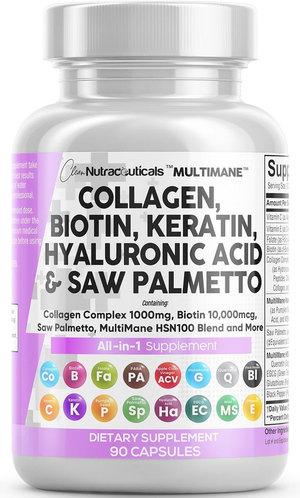 Nutraceutiques propres Pilules de collagène 1000mg Biotine 10000mcg Sciure de kératine Palmetto Acide hyaluronique - Peau de cheveux et ongles Vitamines & Blocker DHT avec vitamine E Acide folique Graine de citrouille MSM - 90 Compte