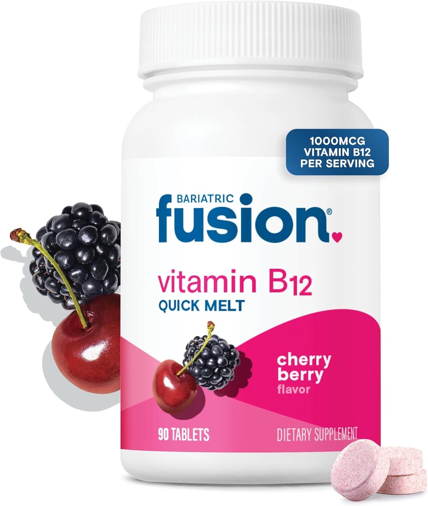 Bariatric Fusion Vitamin B12 Sublingual 1000 mcg Melts | Cherry Berry Flavored | Vitamin B12 Dissolve Under Tongue Tablets with Folic Acid | Sugar Free | Methylcobalamin | 90 Count