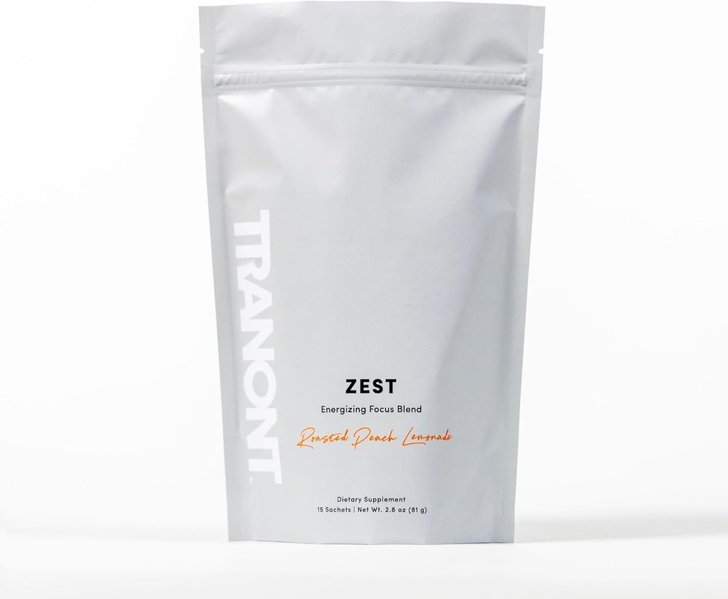 Tranont Zest Energising Focus Blend: La poudre d'énergie de limonade de pêche grillée, sans gluten, sans sucre avec thé vert L-Theanine, vitamines et antioxydants pour l'énergie, focus et la santé