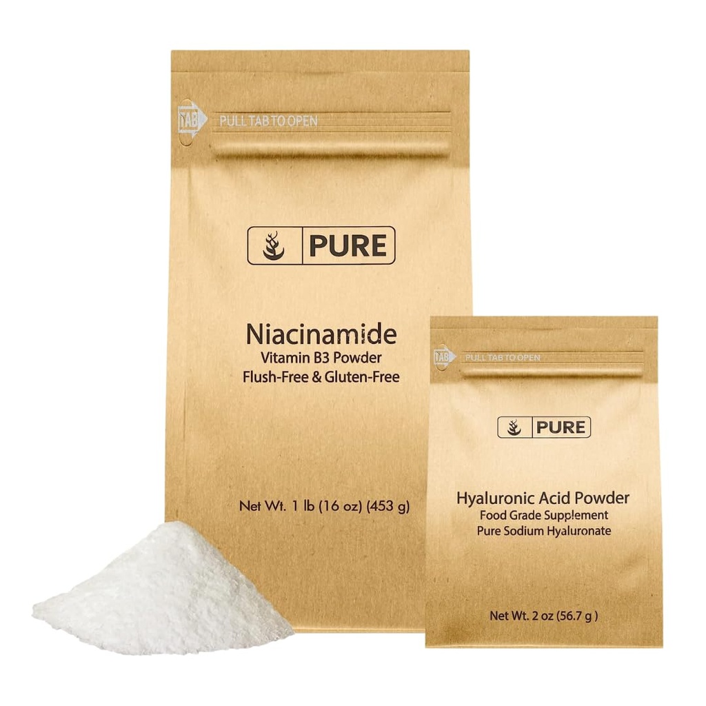 INGRÉDIENTS ORIGINAUX DE PURE Acide hyaluronique (2 oz) et Niacinamide (1 lb) en poudre fine, sans fluide