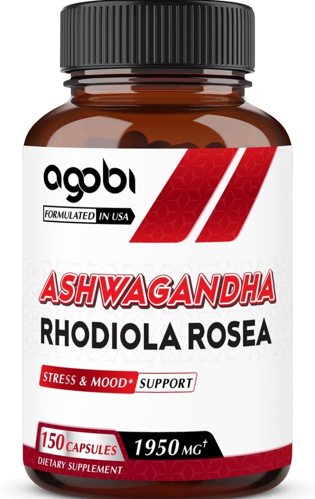 agobi Ashwagandha supplément avec Rhodiola Rosea 1950mg - Extrait concentré élevé pour système immunitaire, force, production d'énergie, focus et santé globale - 150 capsules