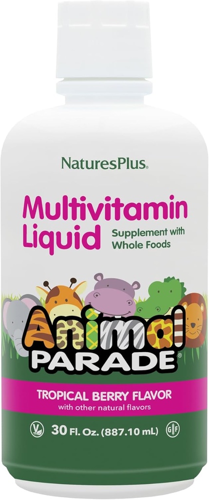 NaturesPlus Animal Parade Source of Life Children's Liquid Multivitamin - Tropical Berry Flavor - 30 fl oz - Whole Food Supplement - Vegetarian, Gluten-Free - 60 Servings
