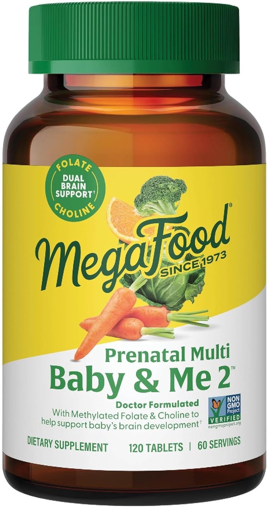 MegaFood Baby & Me 2 Vitamines et minéraux prénatals - Vitamines pour femmes - avec folate (forme naturelle d'acide folique), Choline, fer, iode et vitamine C, vitamine D et plus - 120 onglets (60 portions)