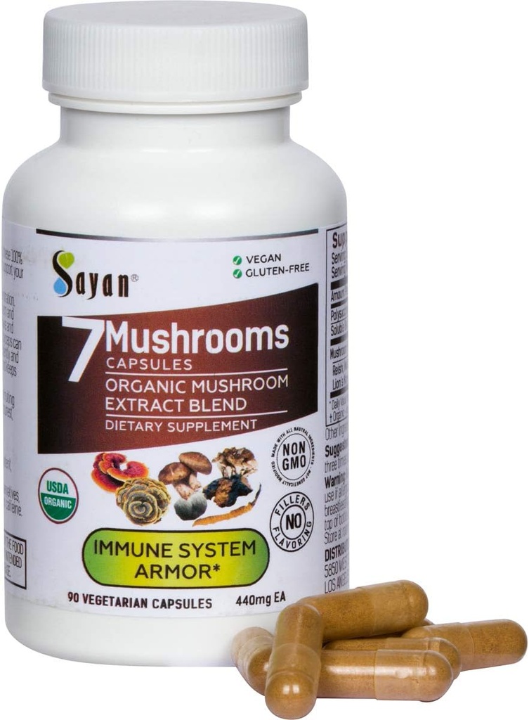 Sayan 7 Mushroom Extract 90 Capsules/440mg ea – Immune Support & Energy – Chaga biologique, Reishi, Lion's Mane, Maitake, Shiitake, Turkey Tail Adaptogen Blend – végétalien, non-OGM, sans remplissage ou additifs