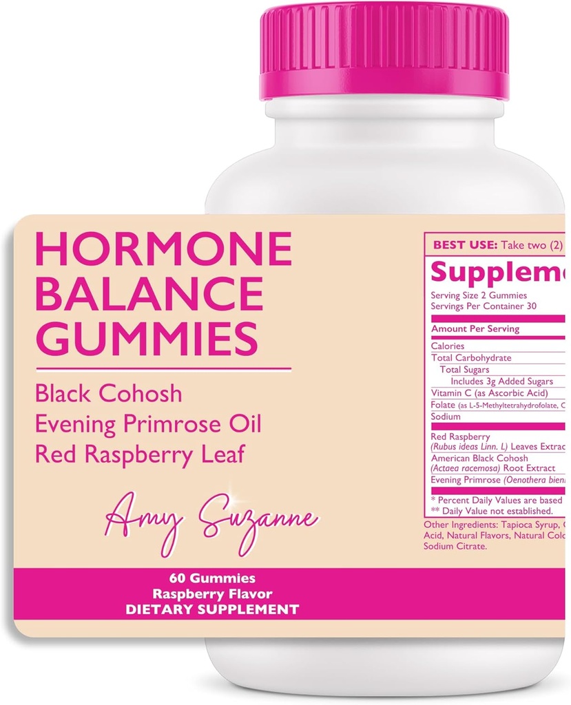 Gummies d'équilibre hormonal pour les femmes - Hormone Harmony pour l'humeur, l'énergie, le ballonnement - Hormonal PMS, Periménopause et soutien à la ménopause - Red Raspberry Leaf & Black Cohosh - 60 Suppléments Gummy