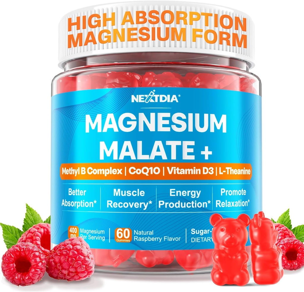 Magnésium Malate Energy Gummies Plus L-Theanine, CoQ10, Methyl B12, Methylfolate, B6 & D3-400mg Magnésium Gummy Sugar Free pour les femmes Hommes, soutient la fonction musculaire, Calme et détente, Vegan, 60 Cts