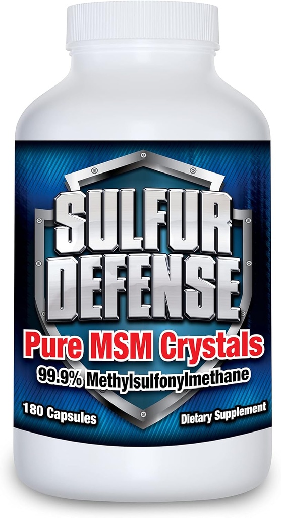 Sulfur Defense Opti-MSM 99,9 % Pure MSM Powder Capsules, Fabriqué aux États-Unis, Méthylsulfonylméthane organique, non-OGM, Sans gluten, Système immunitaire Booster, Douleurs articulaires apaisantes, Peau plus jeune, Cheveux, Nails, 180 capsules