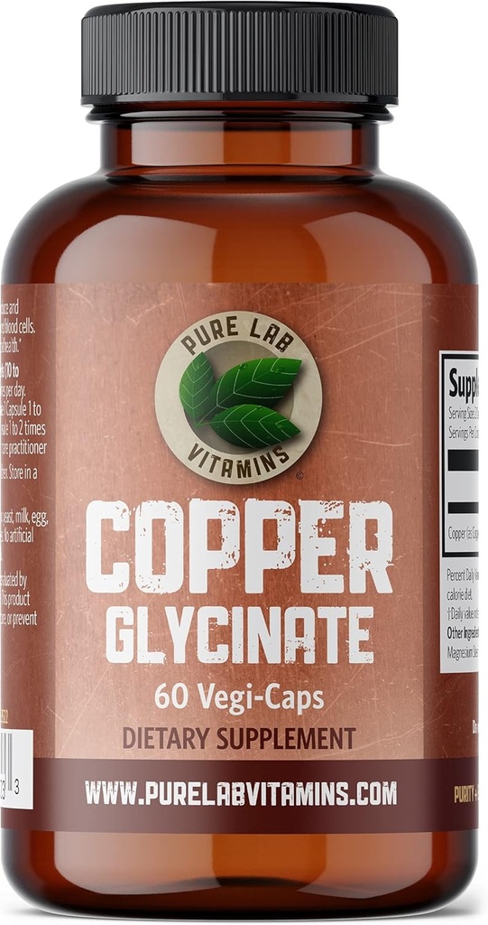 Vitamines de laboratoire pur Supplément minéral de glycine de cuivre -1 mg - 60 capsules véganes essentielles pour la production de collagène, soutient le système immunitaire et la formation de globules rouges - sans gluten Fabriqué au Canada