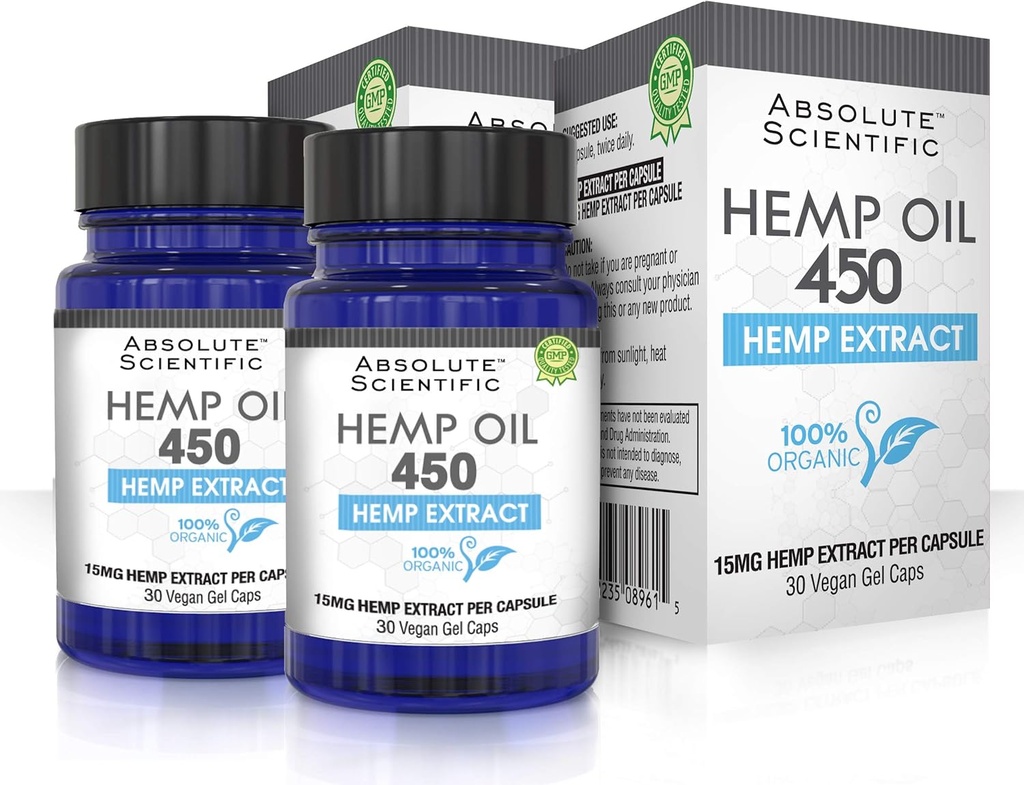 Absolute Nutrition - Huile de chanvre 450 Capsules 2 Pack 60ct - 100% Capsules de chanvre bio - Riche en acides gras oméga 3 6 9 - Grown and Made in USA - with MCT Oil