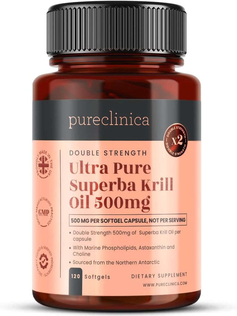 Ultra Pure Superba Krill Oil 500mg x 120 Capsules - Source dans les eaux non polluées de l'Antarctique fournir un riche approvisionnement en astaxanthine, oméga 3 et vitamine D