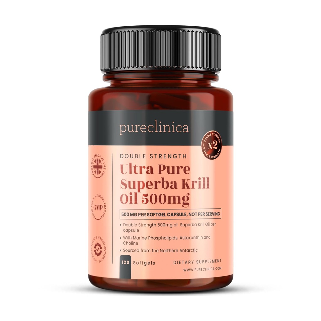 Ultra Pure Superba Krill Oil 500mg x 120 Capsules - provenant des eaux non polluées de l'Antarctique fournissant un riche approvisionnement en astaxanthine, oméga 3 et vitamine D