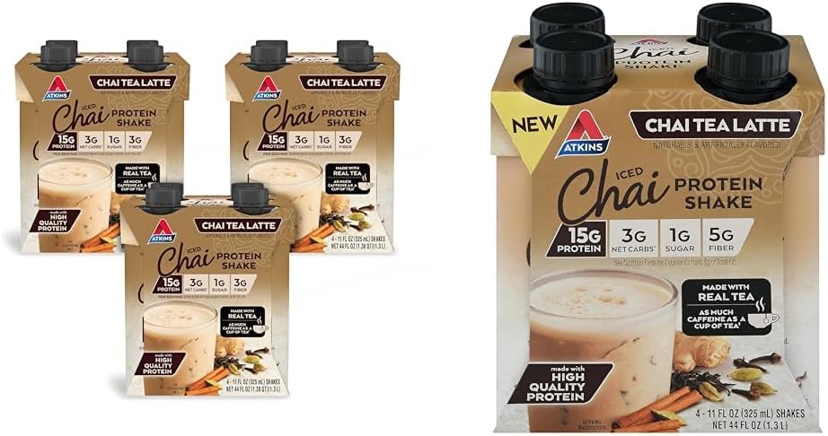 Atkins Chai Tea Latte Protein Shake Bundle avec 15g de protéines, 3g de glucides nets, 1g de sucre (4 Pack) Iced Chai Tea Latte Protein Shake