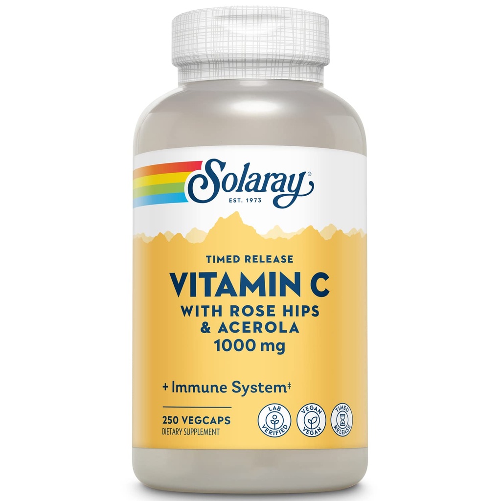 SOLARAY Vitamine C avec Rose HIPS & Acerola Formule de libération à deux étages à temps de 1000mg de solution immunitaire 24 heures sur 24 et supplément antioxydant 250 Ct.