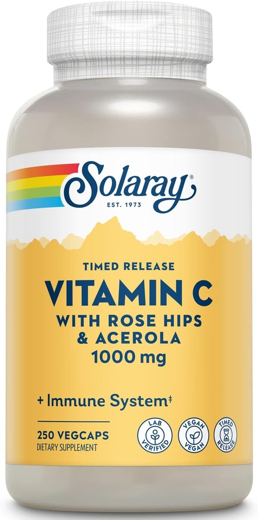 SOLARAY Vitamine C avec Rose HIPS & Acerola Formule de libération à deux étages à temps de 1000mg de solution immunitaire 24 heures sur 24 et supplément antioxydant 250 Ct.