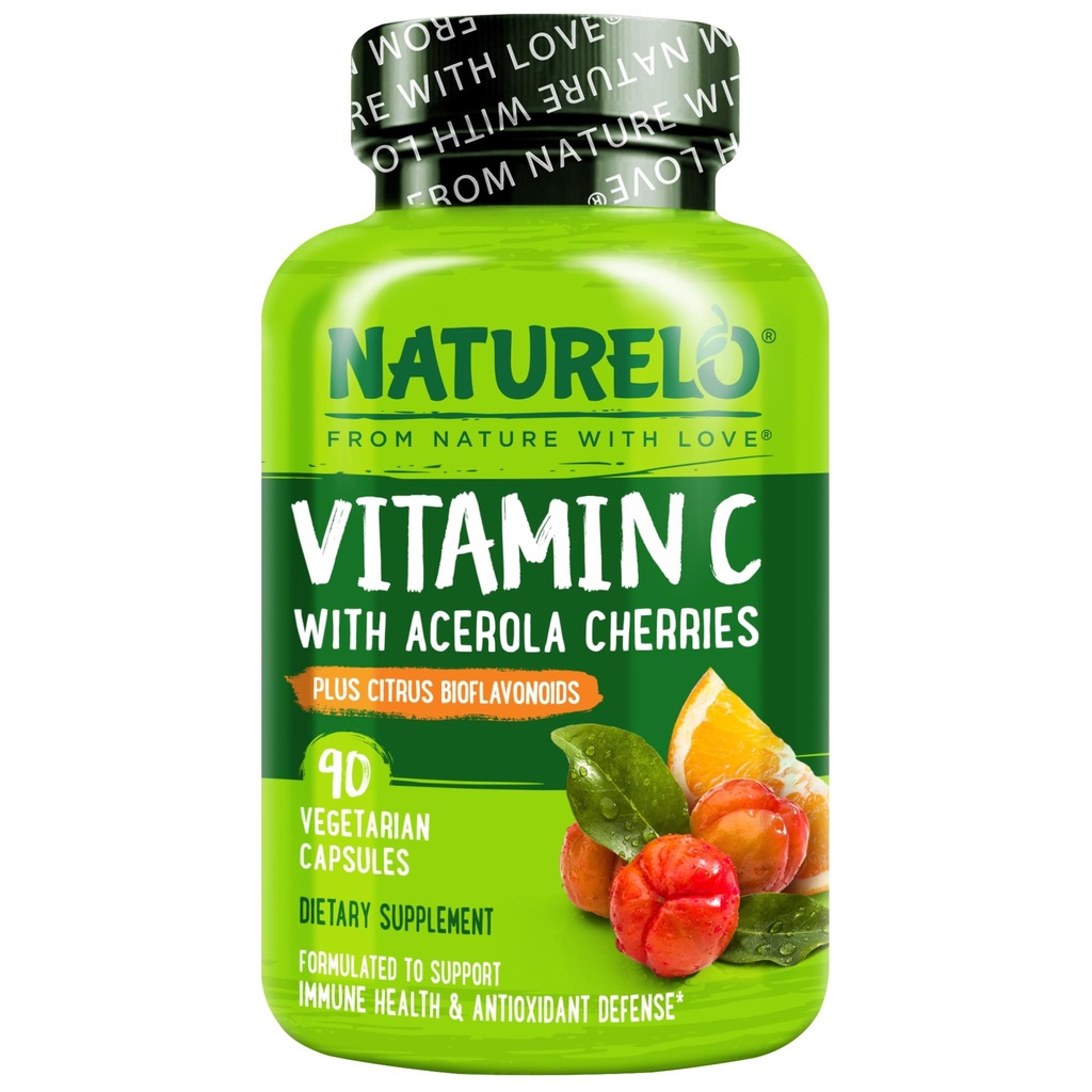 NATURELO Vitamine C avec extrait de cerise d'acérola biologique et bioflavonoïdes d'agrumes - Supplément végétalien - Soutien immunitaire - 500 mg VIT C par bouchon - Non-OGM - 90 capsules