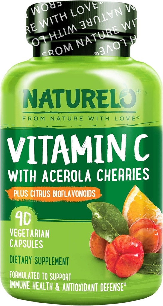 NATURELO Vitamine C avec extrait de cerise d'acérola biologique et bioflavonoïdes d'agrumes - Supplément végétalien - Soutien immunitaire - 500 mg VIT C par bouchon - Non-OGM - 90 capsules
