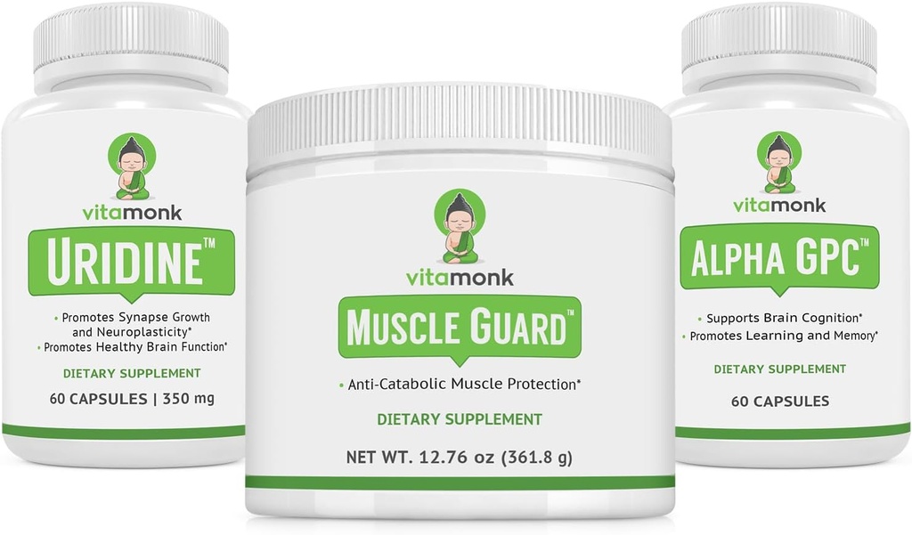 VitaMonk Muscle Guard & Alpha GPC Uridine Stack Bundle, HMB, AEA, Vitamine D, Magnésium et Soutien Cerveau pour Focus, Clarity et Croissance musculaire