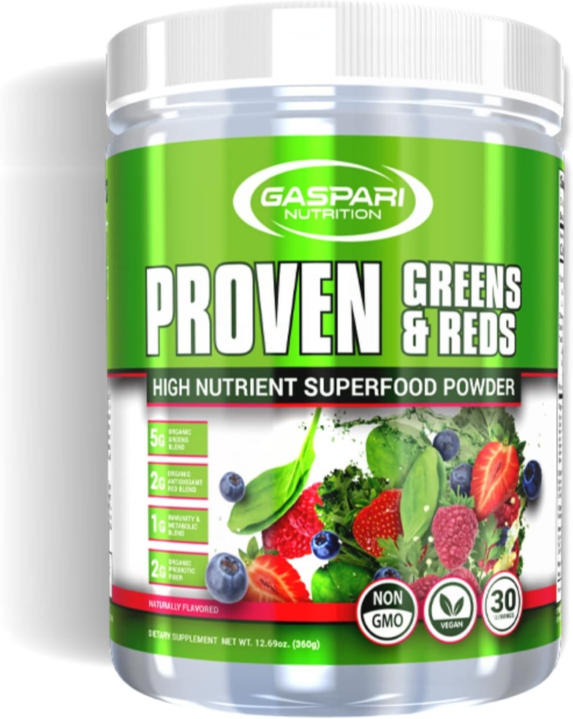 Gaspari Nutrition Verts et rouges : Poudre bio superalimentée, soutien immunitaire, probiotiques et fibre, végétalien et non OGM (30 portions, fruit naturel)
