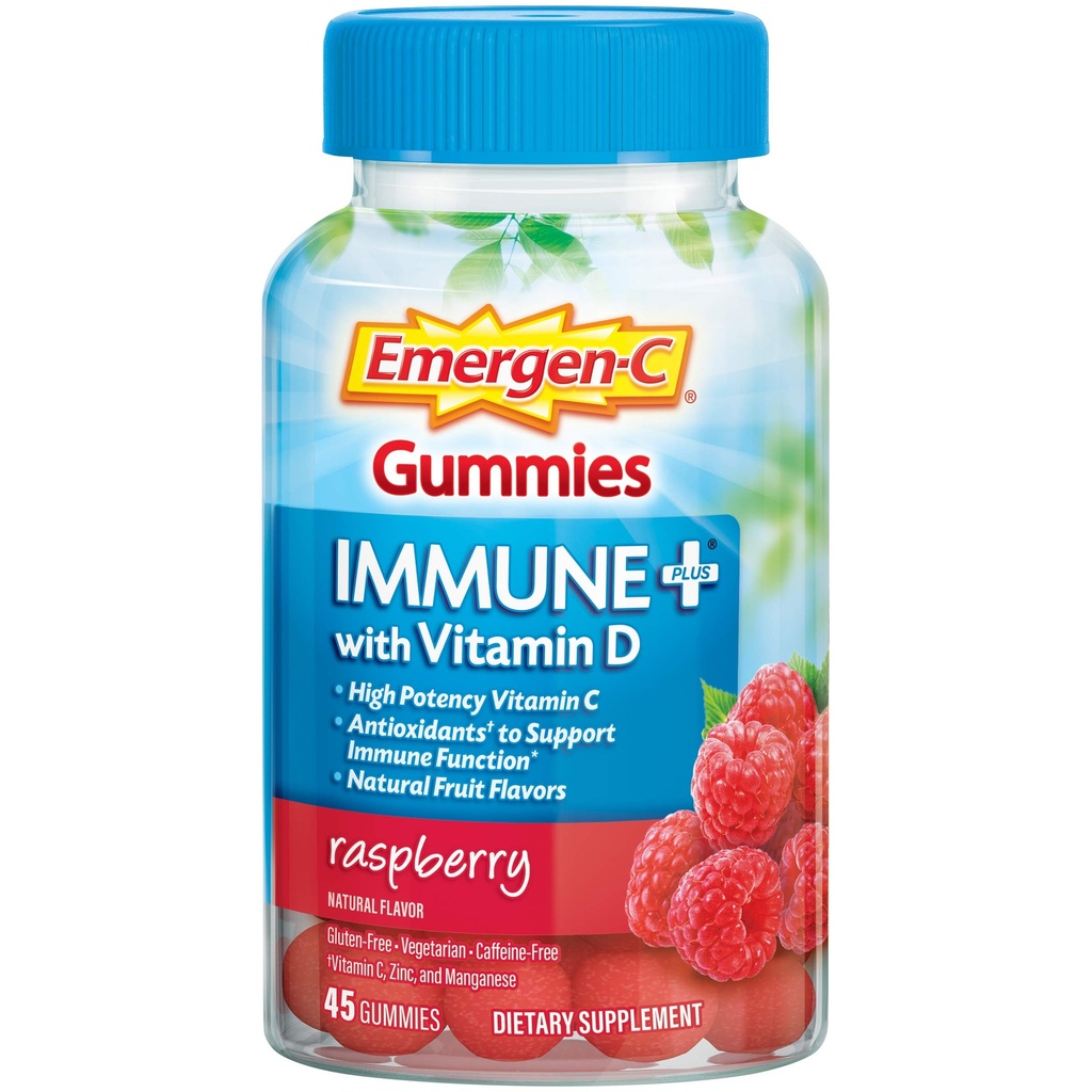 Emergen-C Immune+ Triple Action Immune Support Gummies, BetaVia (R), 1000mg Vitamine C, B Vitamines, Vitamine D et Antioxydants, Framboise, Retour à l'école Essentiels – 45 Compte